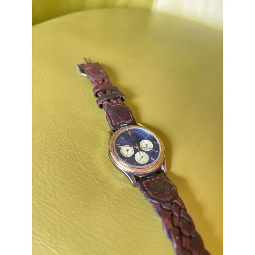 Vintage Elgin Quartz Watch Blue Dial Gold Tone Brown Leather Braided Band
